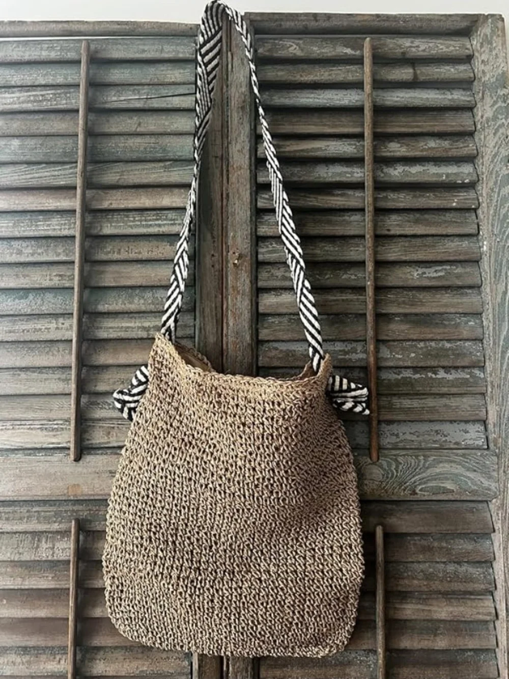 New Boho Handwoven Straw Large Tote  Shoulder Bag With Chevron Geometric Strap